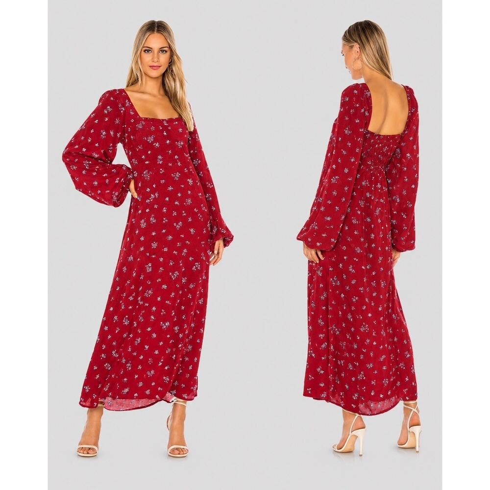 Free People Smocked Red Floral Maxi Dress Red Size M